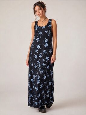Vintage Fresh Produce Women’s S Maxi Dress Made USA Black Flowers 90s